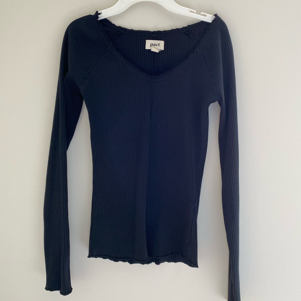 Pact Round Neck Ribbed Black Long Sleeve Tee, Size Small
